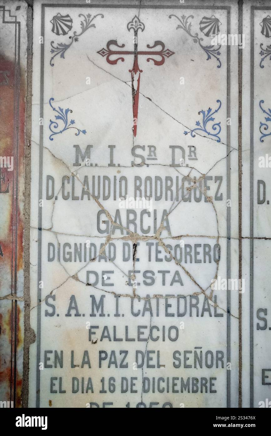 Old medieval tomb stone in the Santiago de Compostela Cathedral, Galicia, Spain Stock Photo