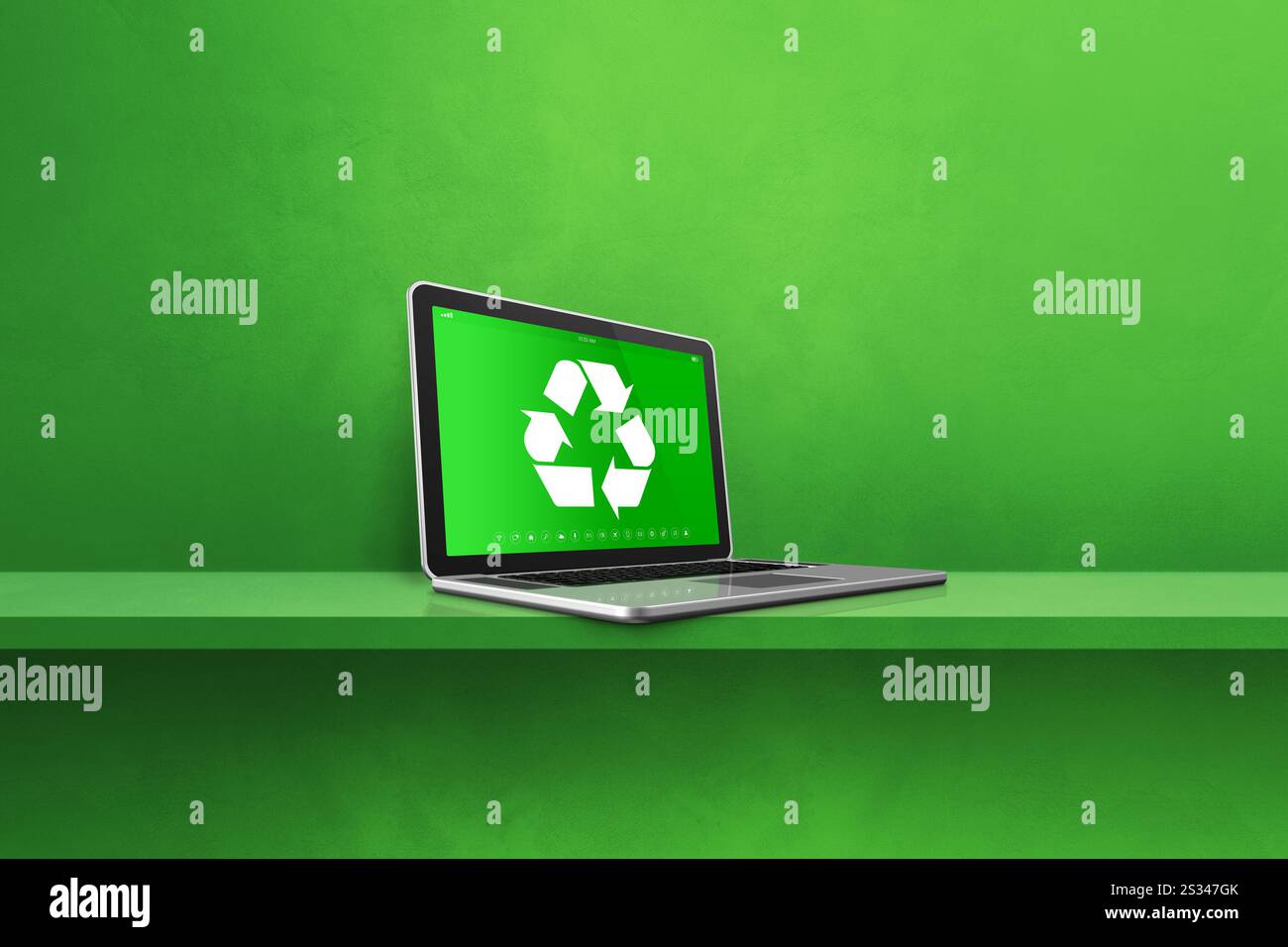 Laptop computer on a shelf with a recycling symbol on screen ...