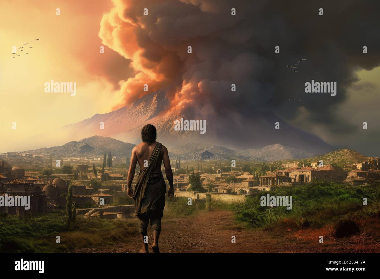 Ancient greek volcano eruption man. Village ancient. Generate Ai Stock ...