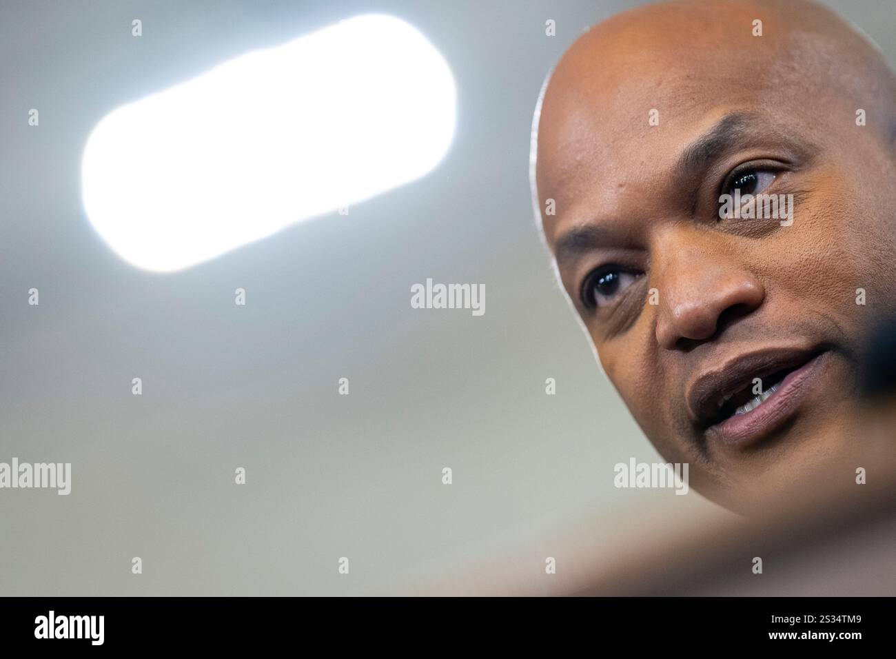 Governor of Maryland Wes Moore speaks to media during a press