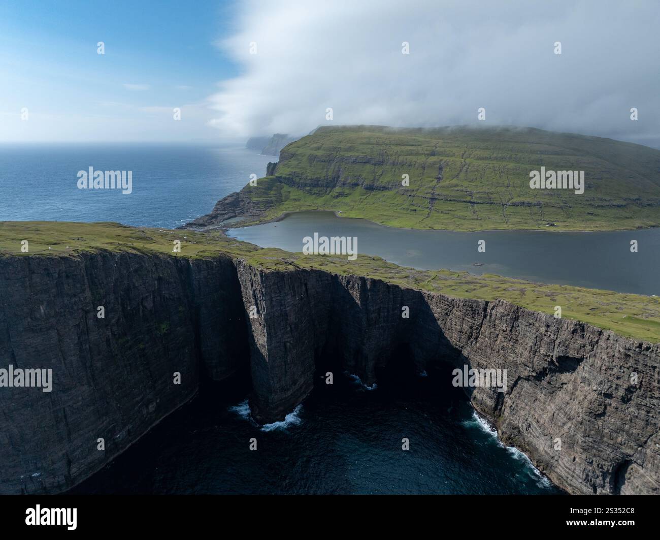 Traelanipa cliffs and Sorvagsvatn Lake on Vagar Island, Faroe Islands ...