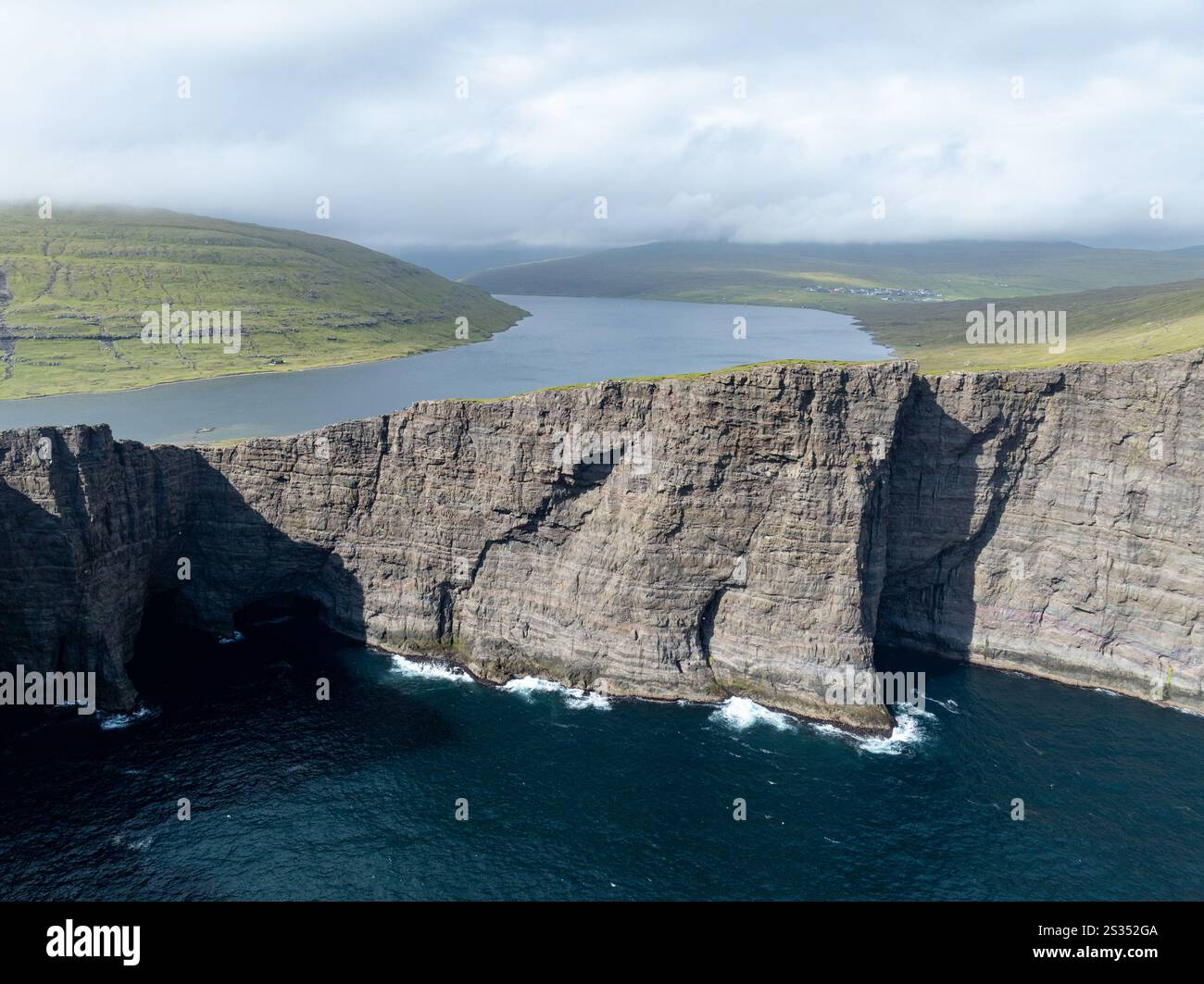 Traelanipa cliffs and Sorvagsvatn Lake on Vagar Island, Faroe Islands ...