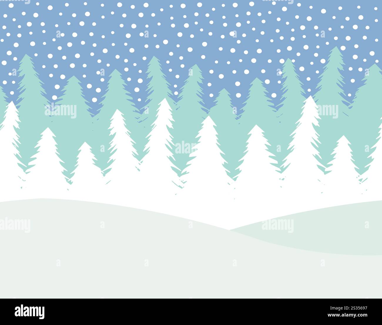 Vector flat cartoon winter landscape with spruce trees forest and snow ...
