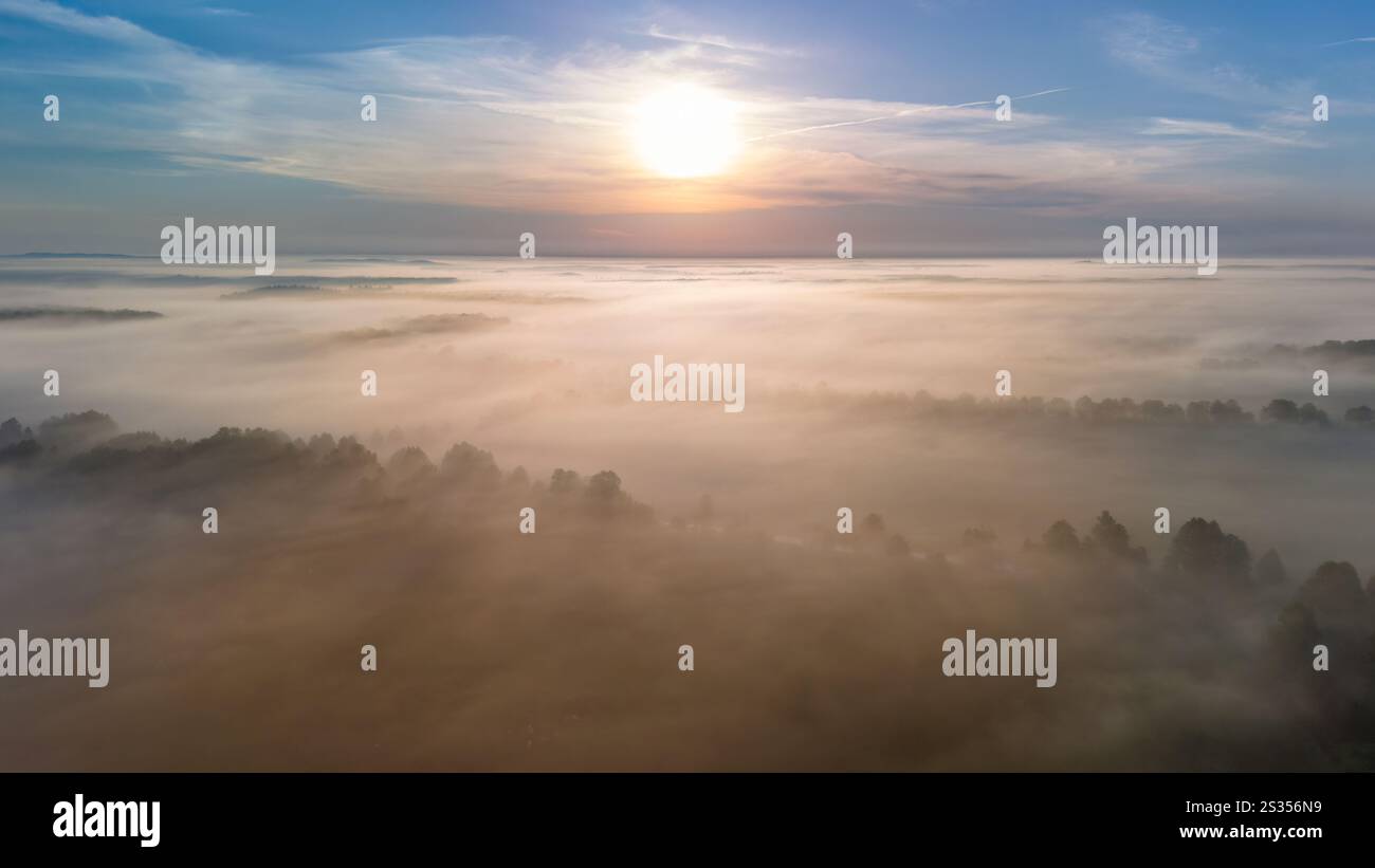 Aerial photography, drone photography, Obheiter, foggy landscape golden hour, sunrise, foggy landscape, autumn landscape, Spreewald, local recreation Stock Photo