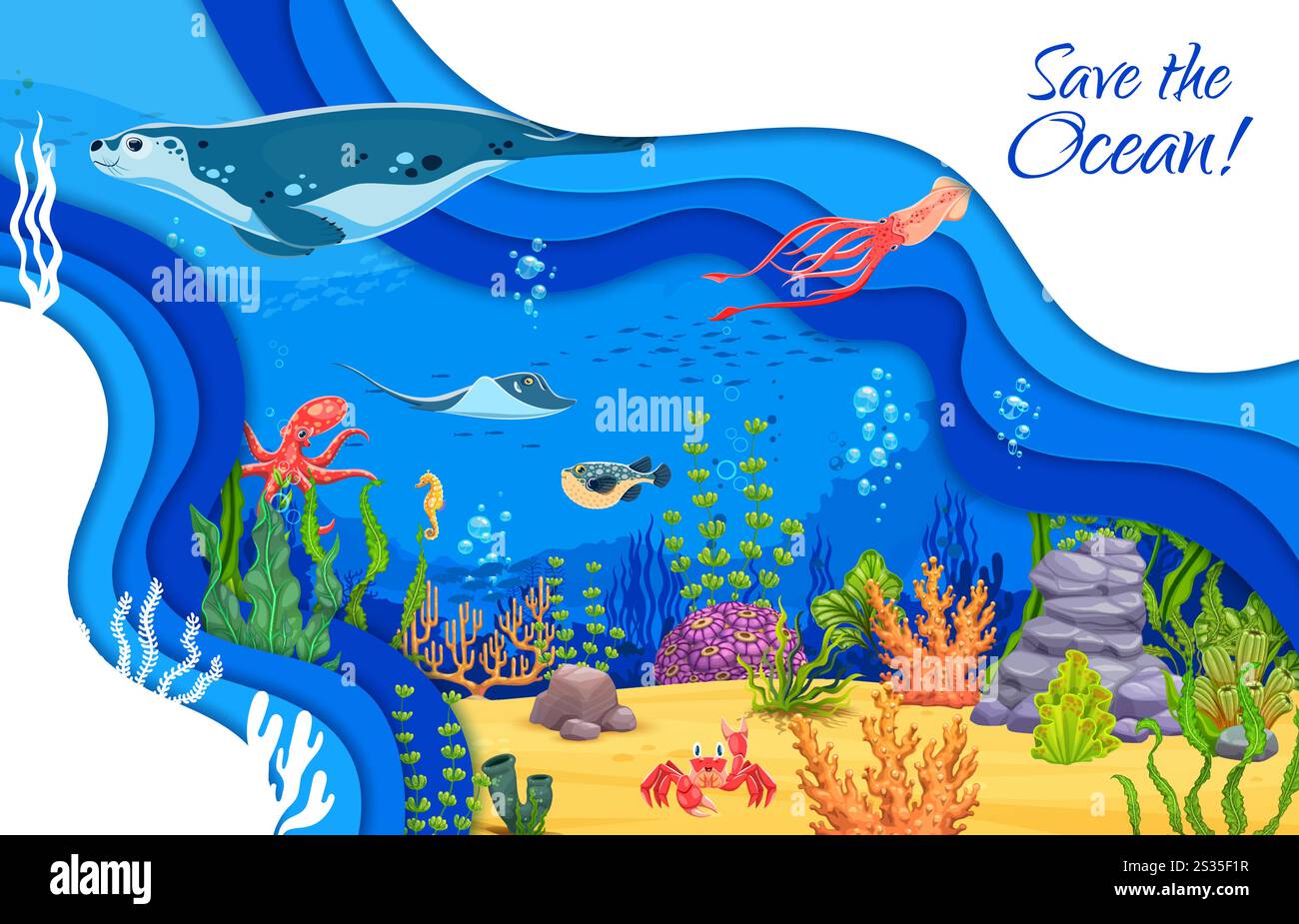 Save the ocean paper cut underwater landscape poster with fur seal ...