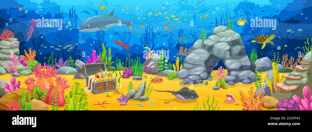 Cartoon underwater landscape with treasure chest, sea animals and ...