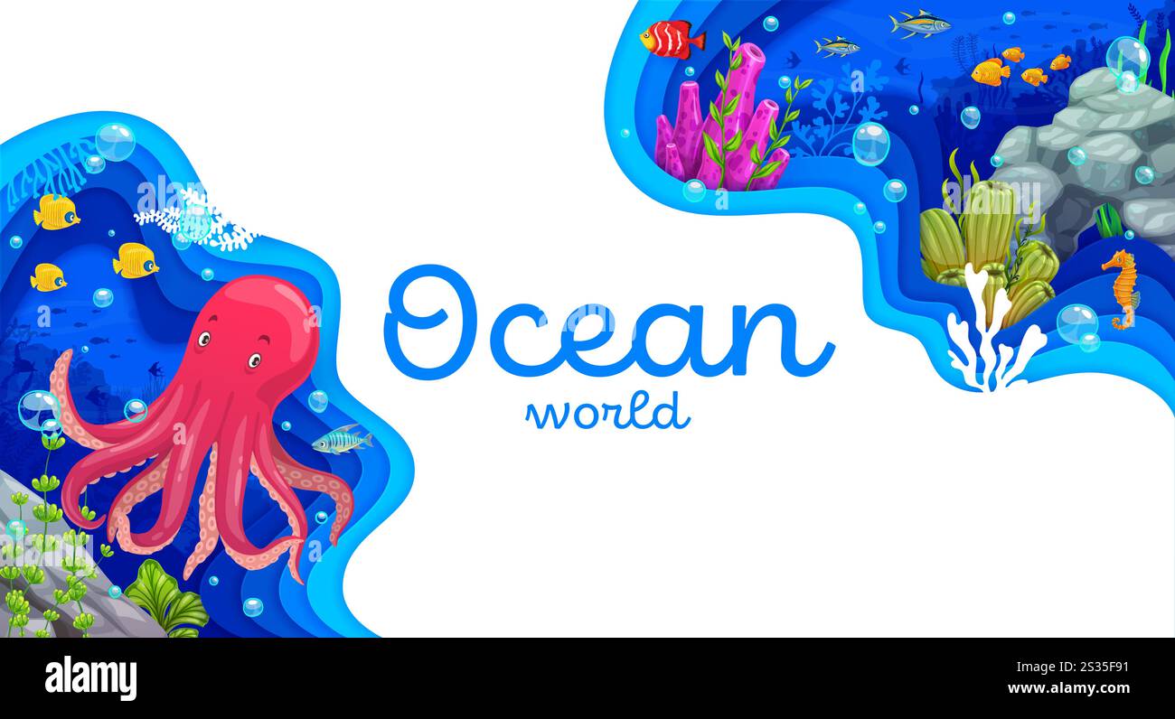 Paper cut underwater landscape with cartoon fish and sea animal ...