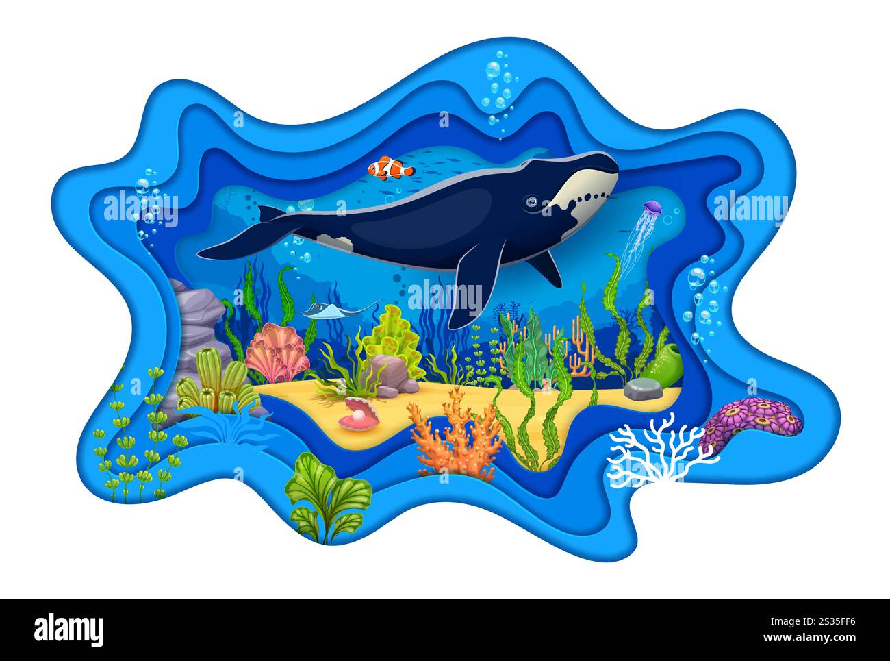 Paper cut underwater landscape with sperm whale and ocean fishes ...