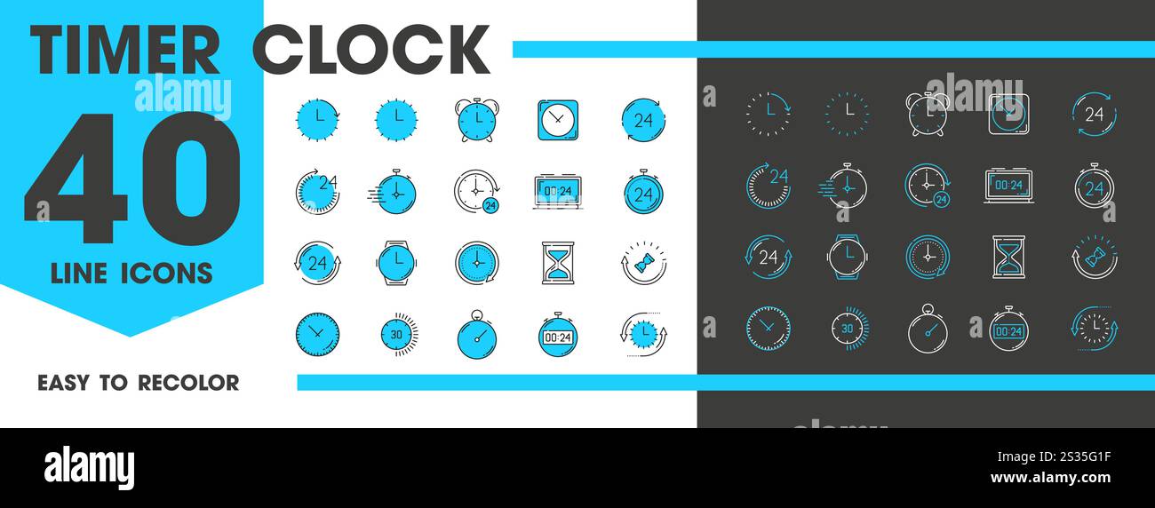Timer clock line icons. Alarm, stopwatch, calendar timer. Vector linear signs set, countdown function, time management, deadline symbols for app, website, digital interface, guiding user interactions Stock Vector