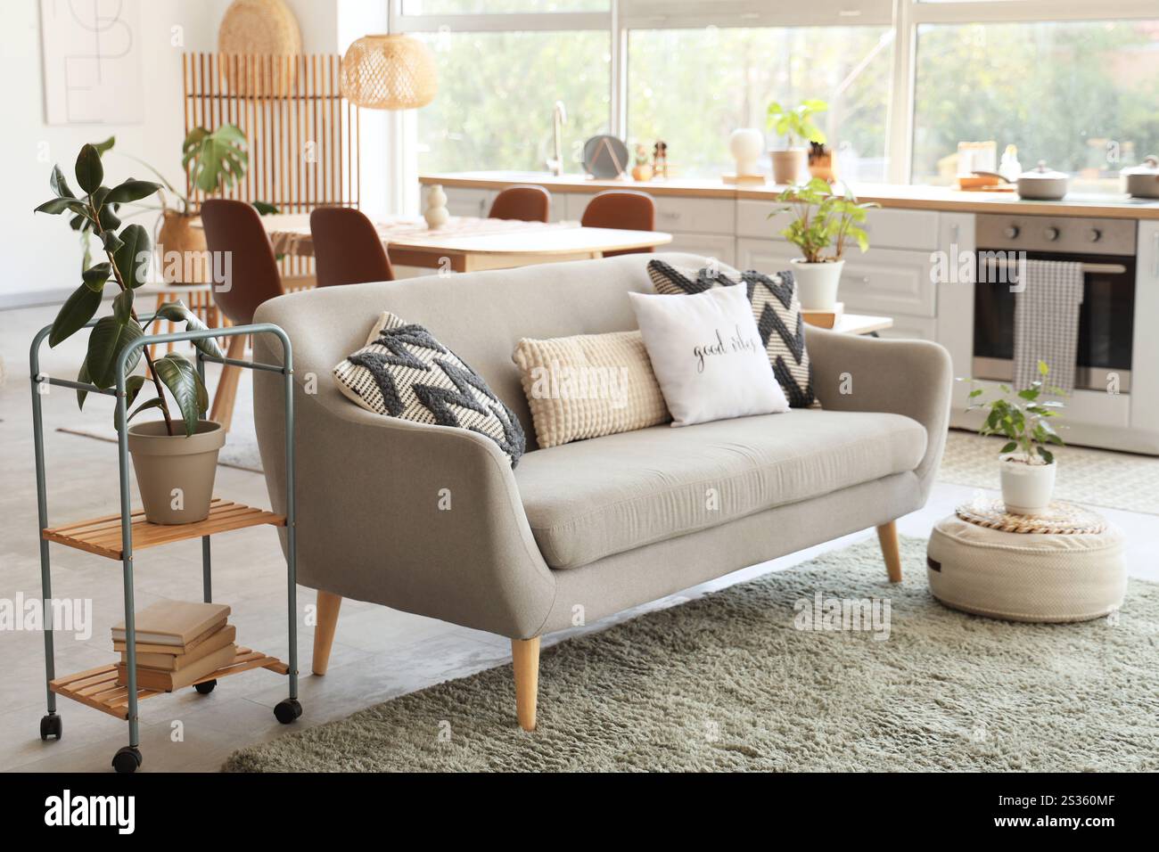 Interior of light kitchen with sofa, counters and plants Stock Photo ...