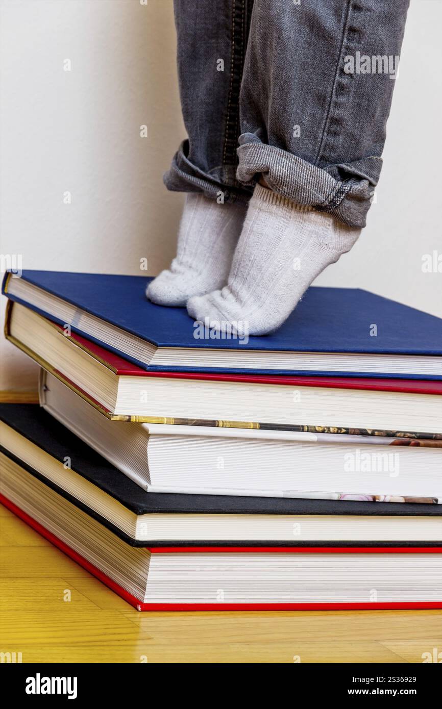 Child standing on a pile of books, symbolising school education, reading skills, learning support Stock Photo