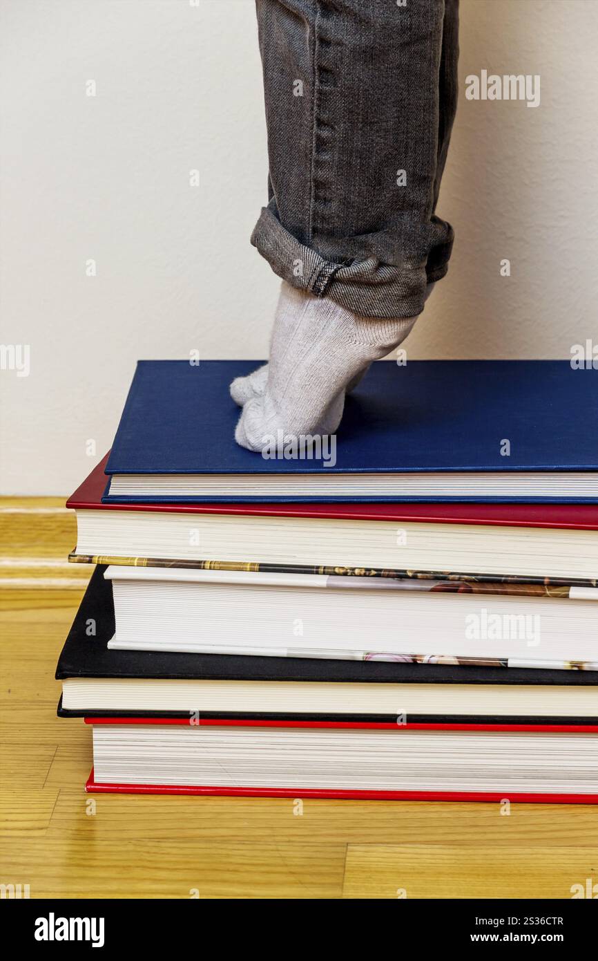 Child standing on a pile of books, symbolising school education, reading skills, learning support Stock Photo