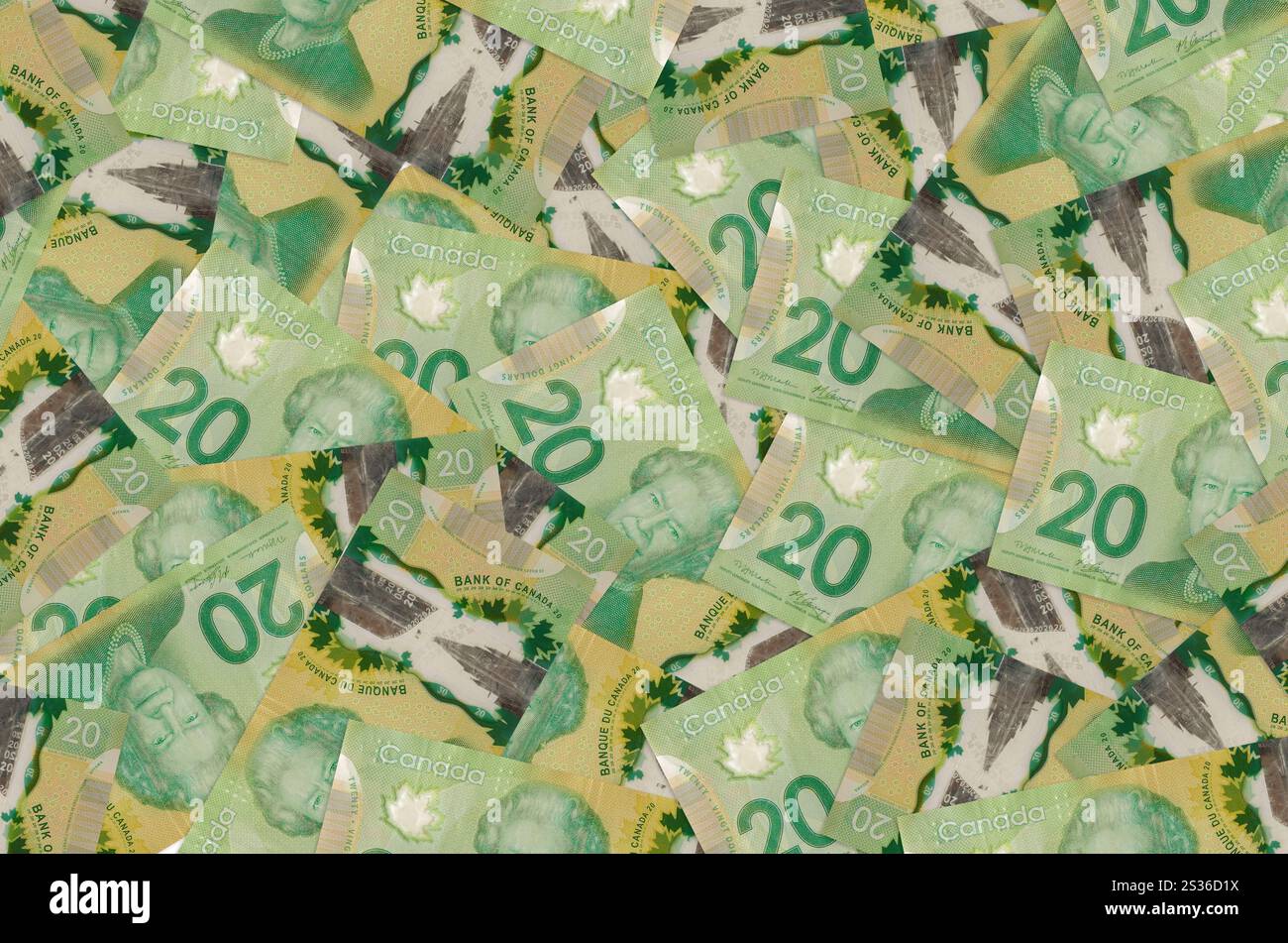 20 Canadian dollars bills lies in big pile. Rich life conceptual ...