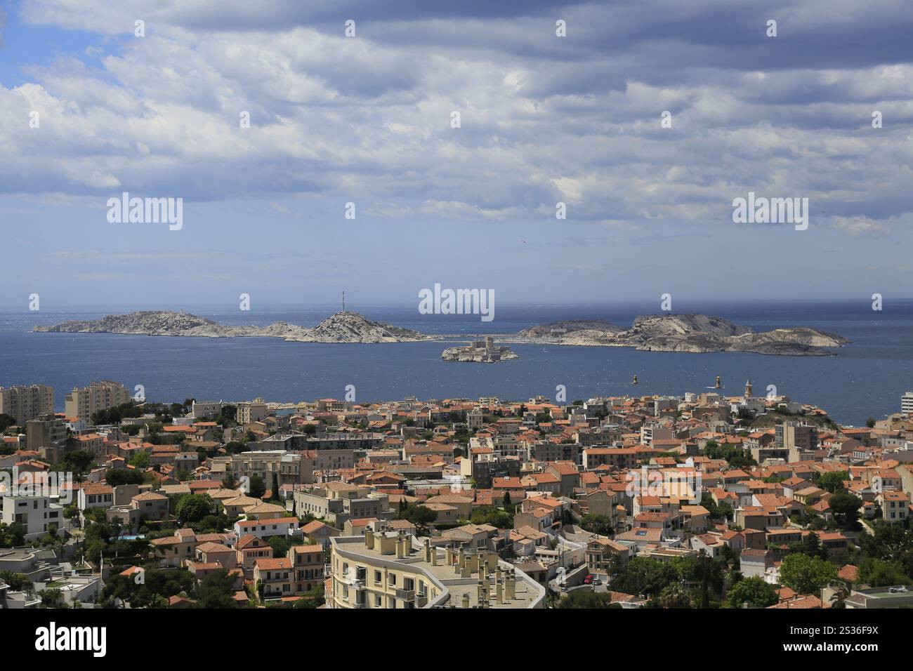 View from the Basilica Notre Dame de la Garde to the Archipelago du Frioul, Frioul Islands, Ile Ratonneau, Ile Pomegues, Ile d'If with prison Chateau Stock Photo
