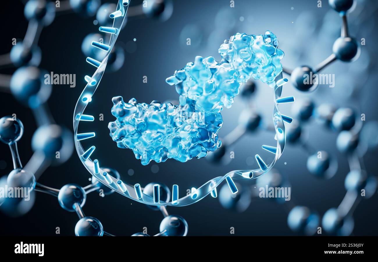 RNA and protein with transparent molecules background, 3d rendering. 3D ...