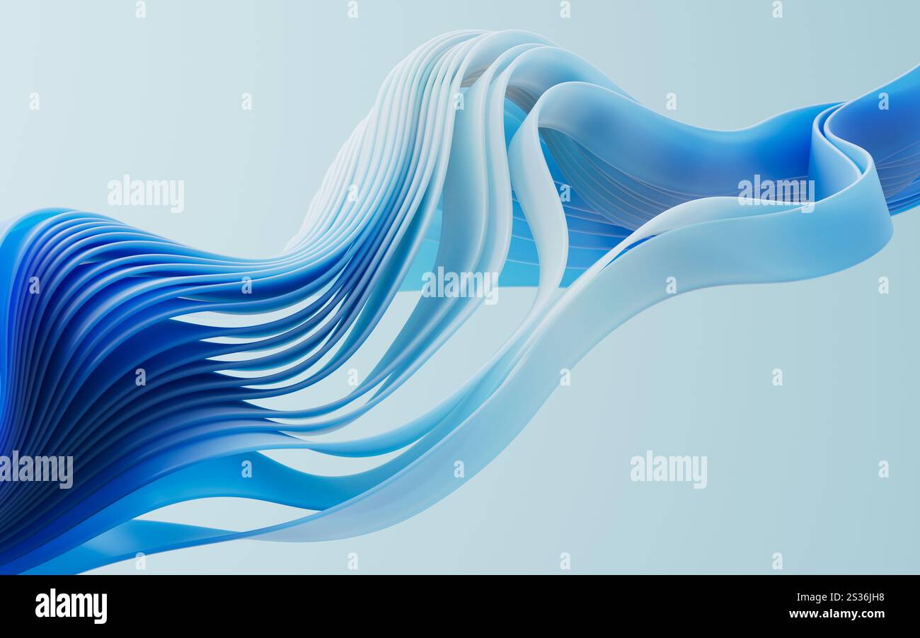 Flowing gradient blue curve ribbons background, 3d rendering. 3D illustration. Stock Photo