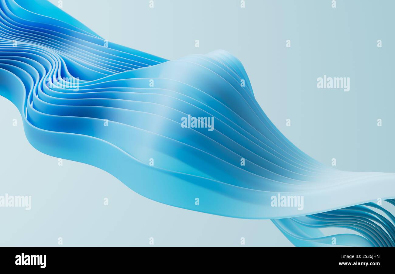 Flowing gradient blue curve ribbons background, 3d rendering. 3D illustration. Stock Photo