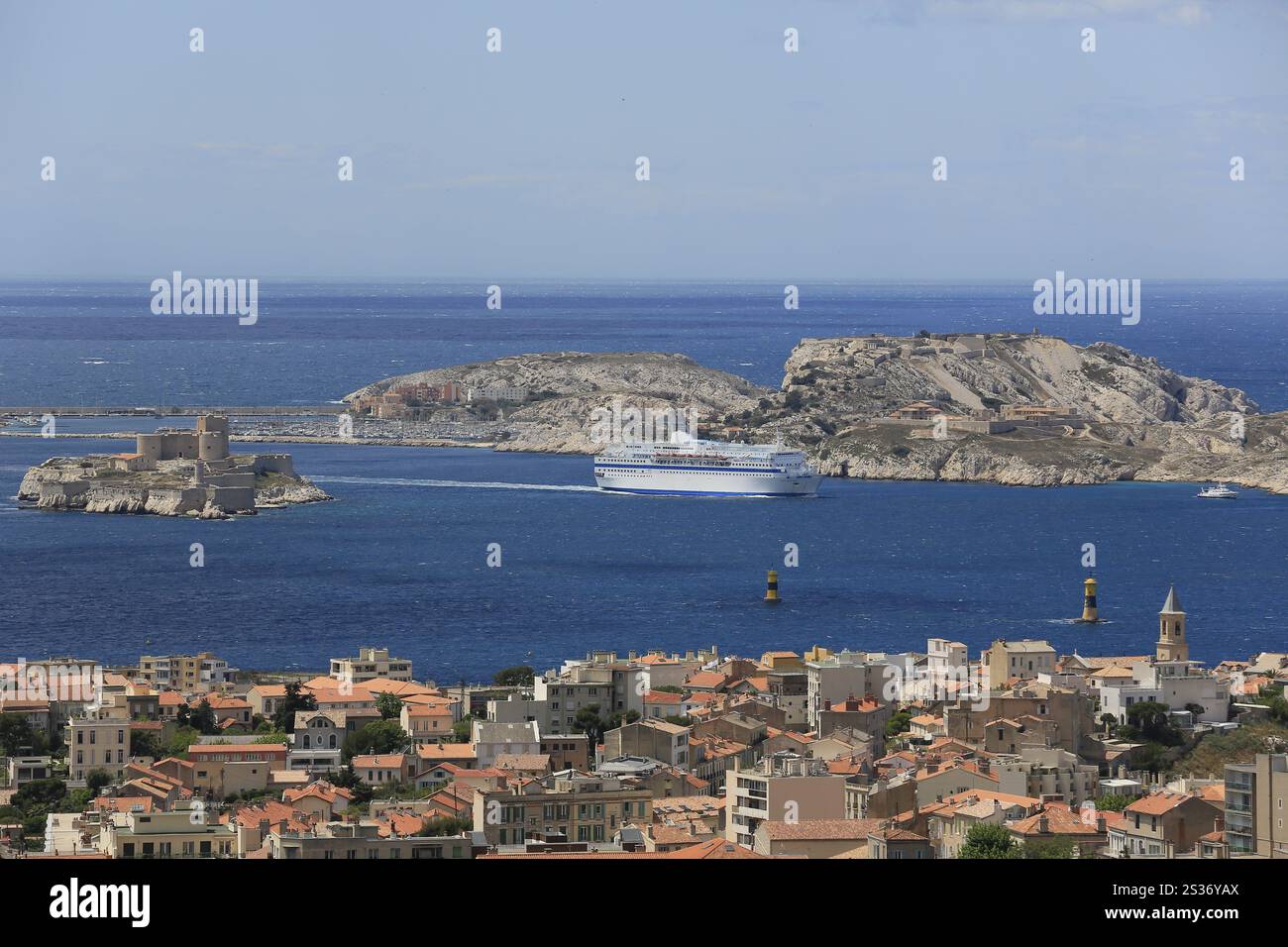 View from the Basilica Notre Dame de la Garde to the Archipelago du Frioul, Frioul Islands, Ile Ratonneau, Ile Pomegues, Ile d'If with prison Chateau Stock Photo