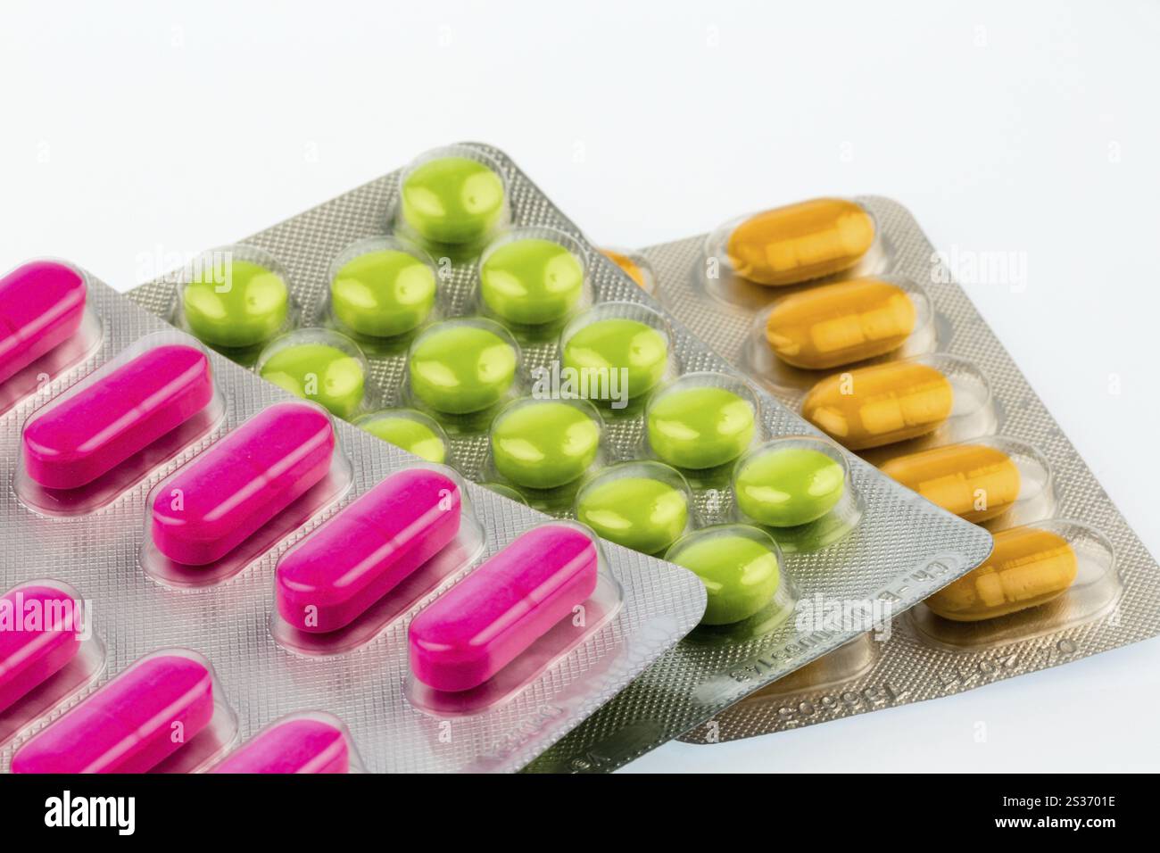 Colourful tablets in blister packaging, symbolic photo for Heilmittel und Gesundheitswesen Austria Stock Photo
