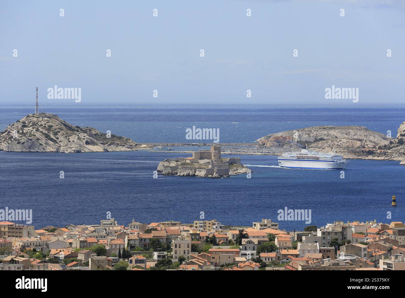 View from the Basilica Notre Dame de la Garde to the Archipelago du Frioul, Frioul Islands, Ile Ratonneau, Ile Pomegues, Ile d'If with prison Chateau Stock Photo