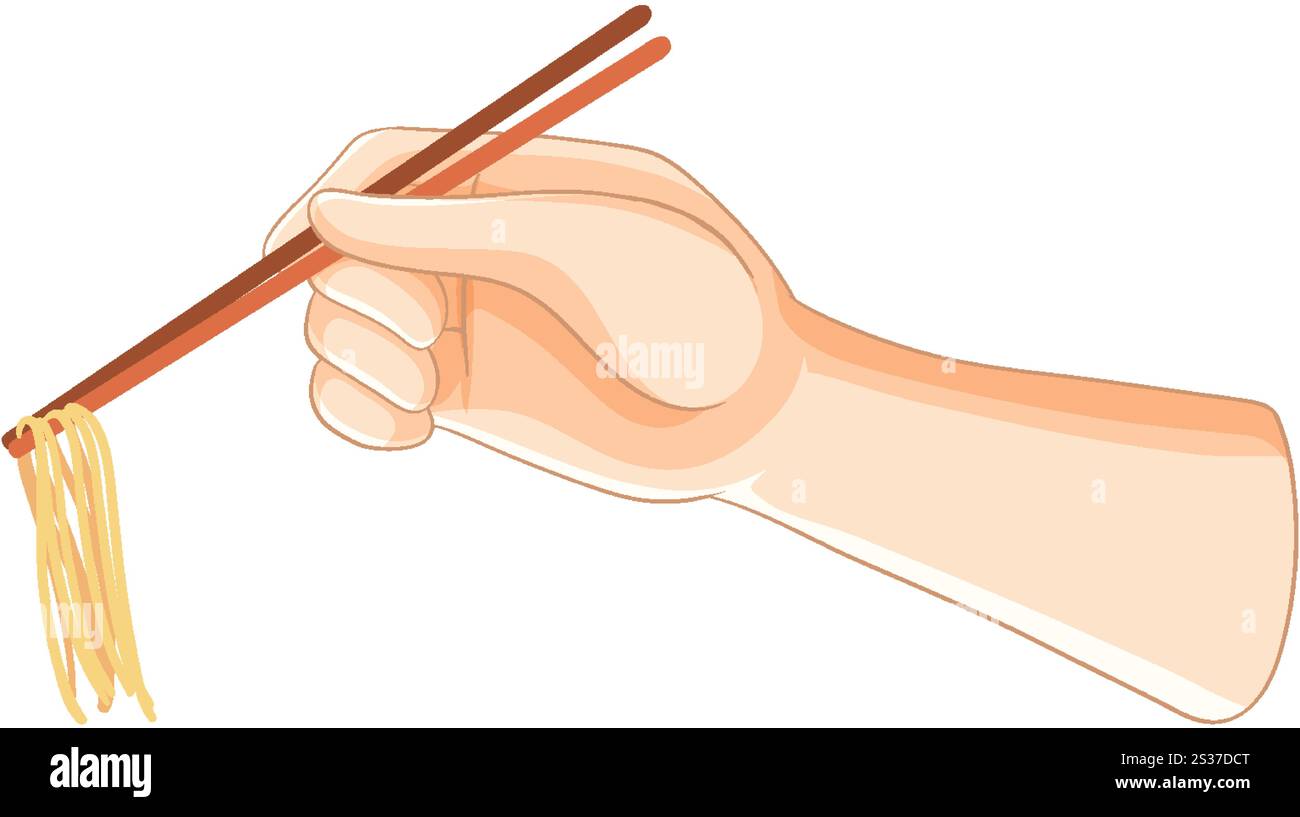 Illustration of hand using chopsticks to hold noodles stock vector