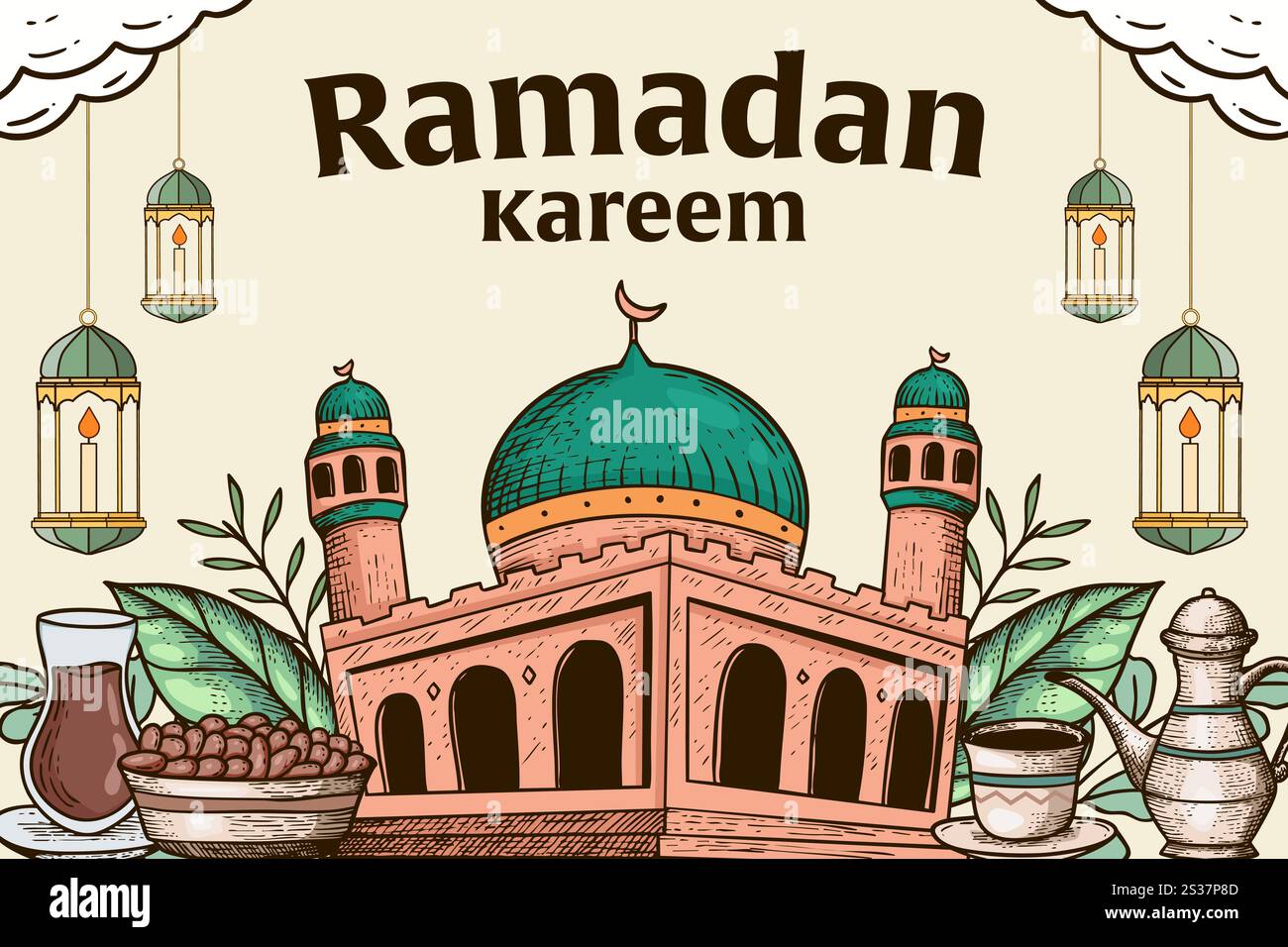 ramadan kareem background illustration with mosque and food and drink Stock Vector