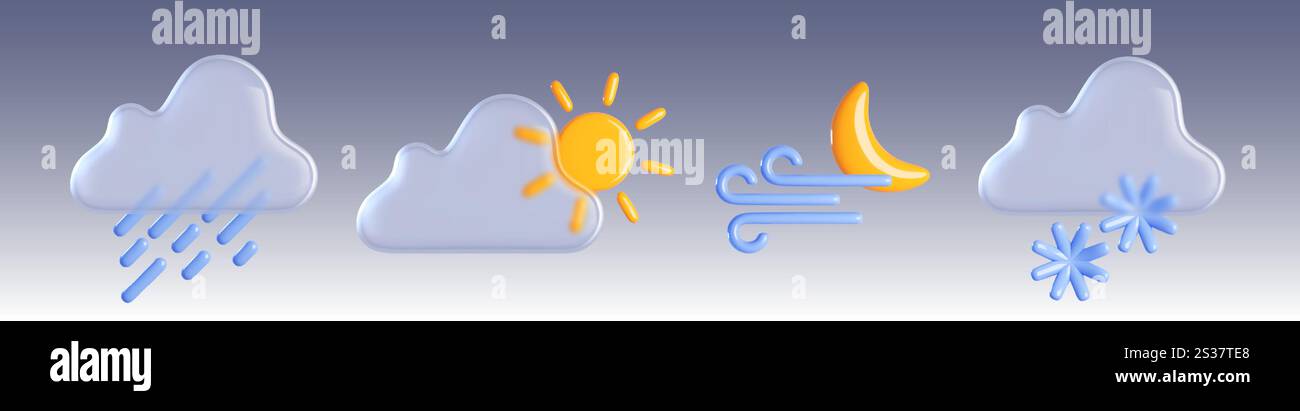 3d weather icon for sun, rain and cloud element. Winter rainy or snow forecast for cold season. Realistic meteorology glass symbol with snowflake and cute drop precipitation widget design concept Stock Vector