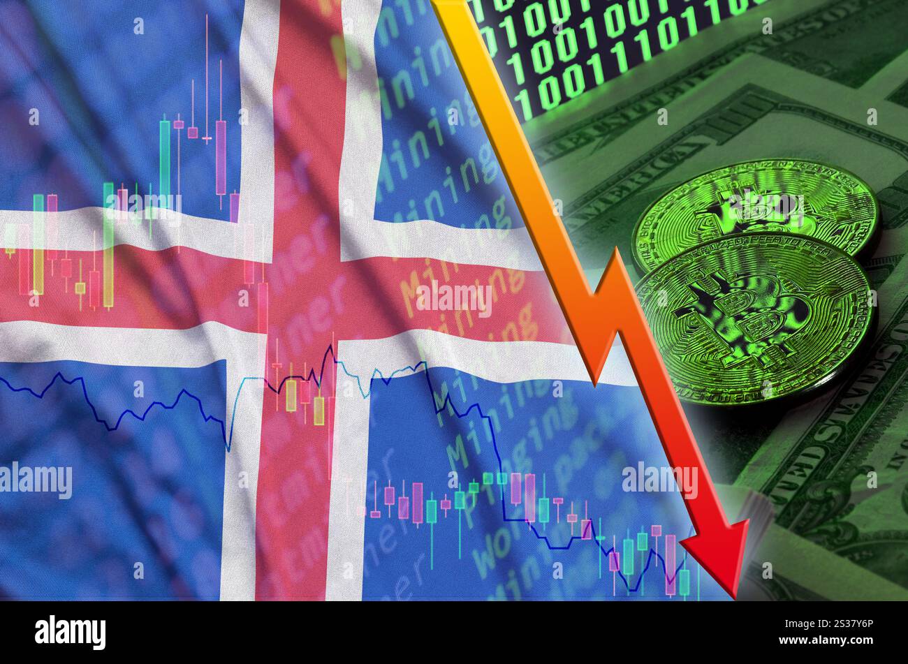 Iceland flag and cryptocurrency falling trend with two bitcoins on dollar  bills. Concept of depreciation Bitcoin in price against the dollar Stock  Photo - Alamy