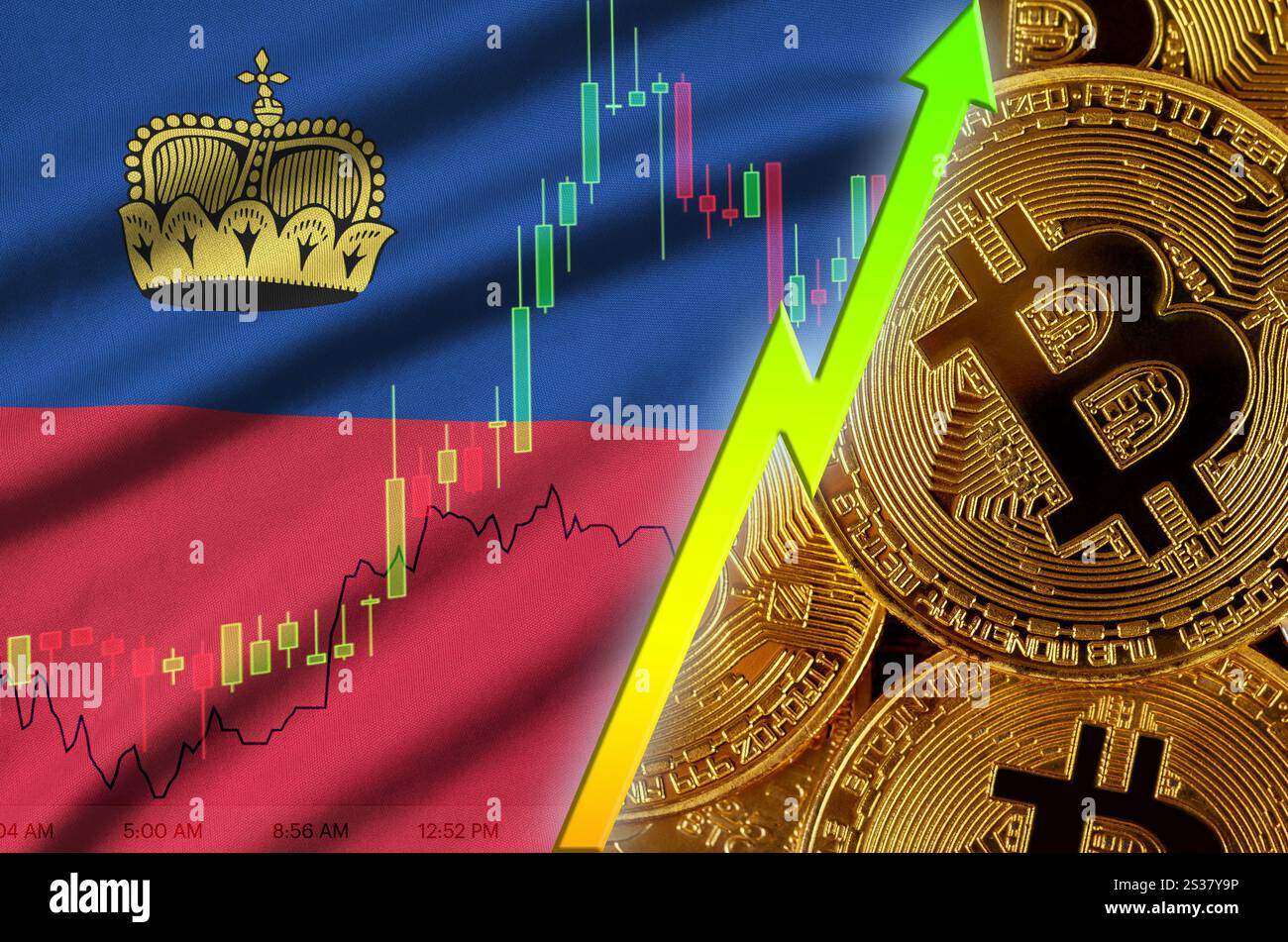 Liechtenstein flag and cryptocurrency growing trend with many golden  bitcoins. Concept of raising Bitcoin in price or high conversion in Stock  Photo - Alamy