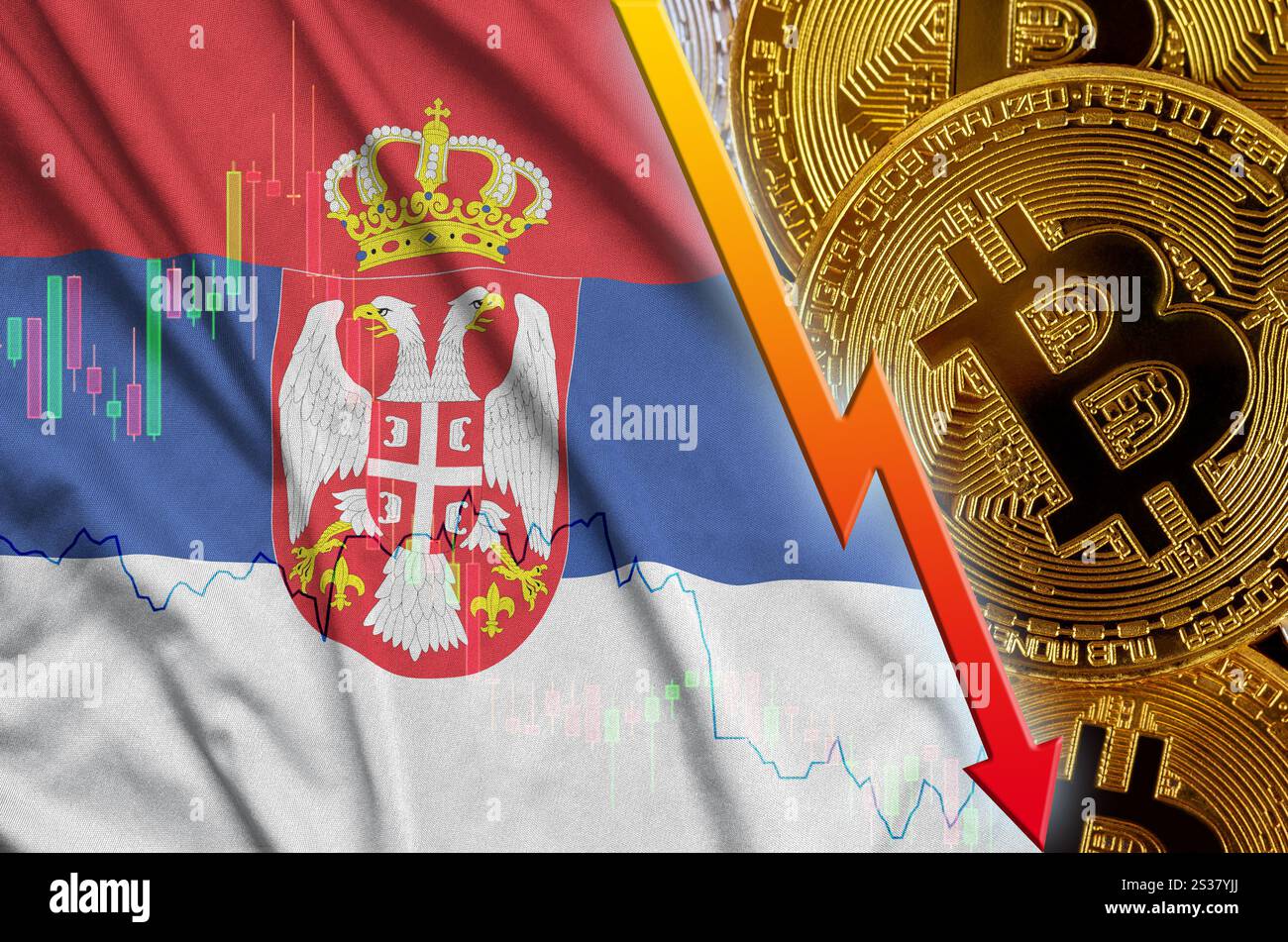 Serbia flag and cryptocurrency falling trend with many golden bitcoins.  Concept of reduction Bitcoin in price or bad conversion in cryptocurrency  mini Stock Photo - Alamy