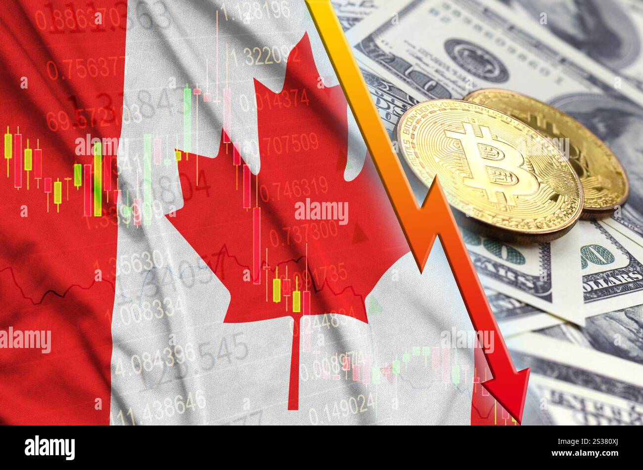 Canada flag and cryptocurrency falling trend with two bitcoins on dollar  bills. Concept of depreciation Bitcoin in price against the dollar Stock  Photo - Alamy