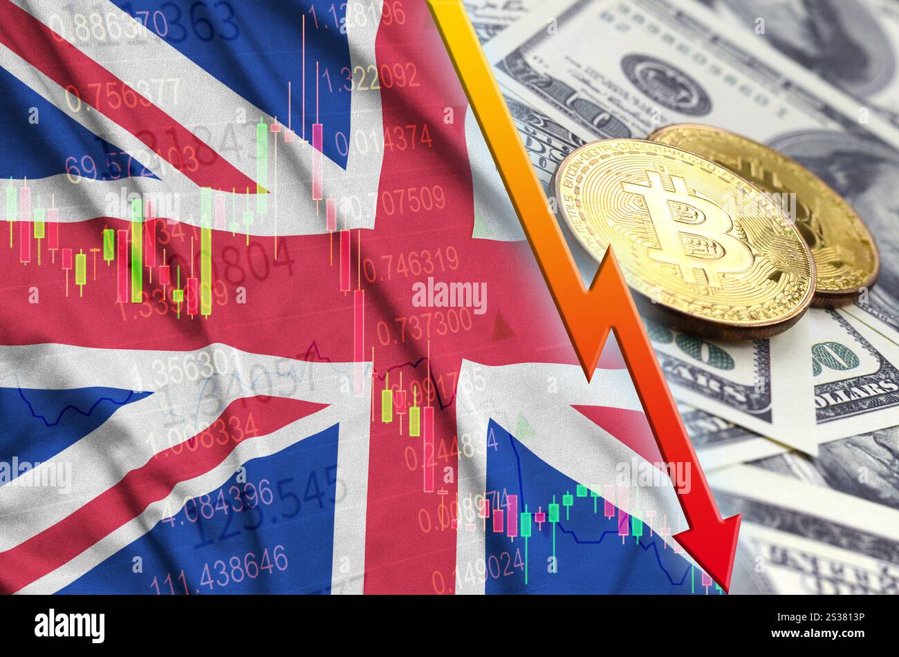 Great britain flag and cryptocurrency falling trend with many golden  bitcoins. Concept of reduction Bitcoin in price or bad conversion in  cryptocurren Stock Photo - Alamy