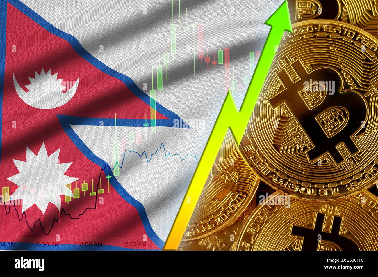 Nepal flag and cryptocurrency growing trend with two bitcoins on dollar  bills and binary code display. Concept of raising Bitcoin in price and high  co Stock Photo - Alamy