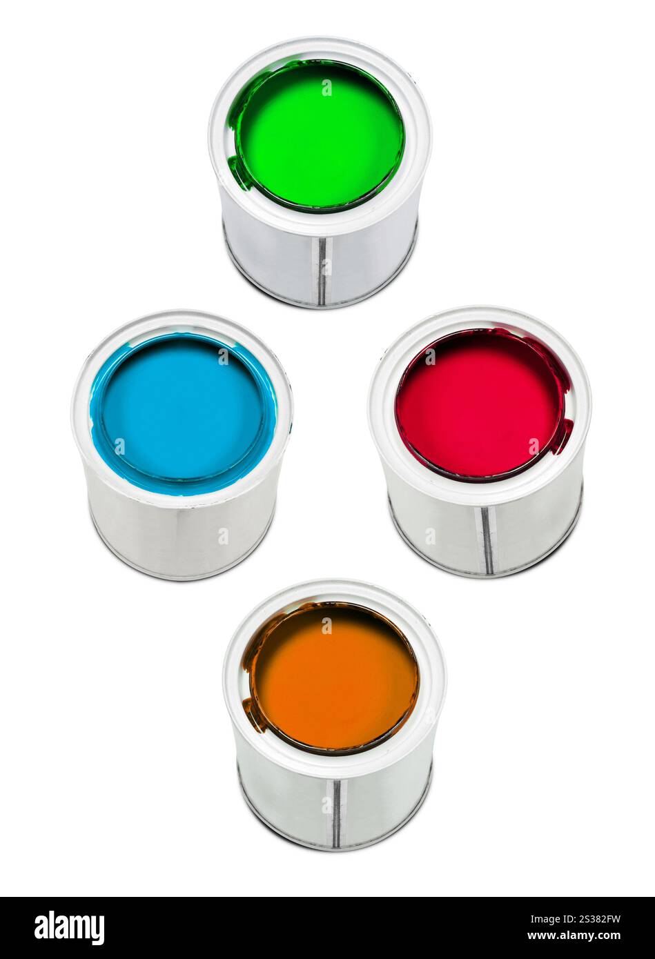 Red, green, blue and yellow paint isolated on white background. Red, green, blue and yellow paint Stock Photo