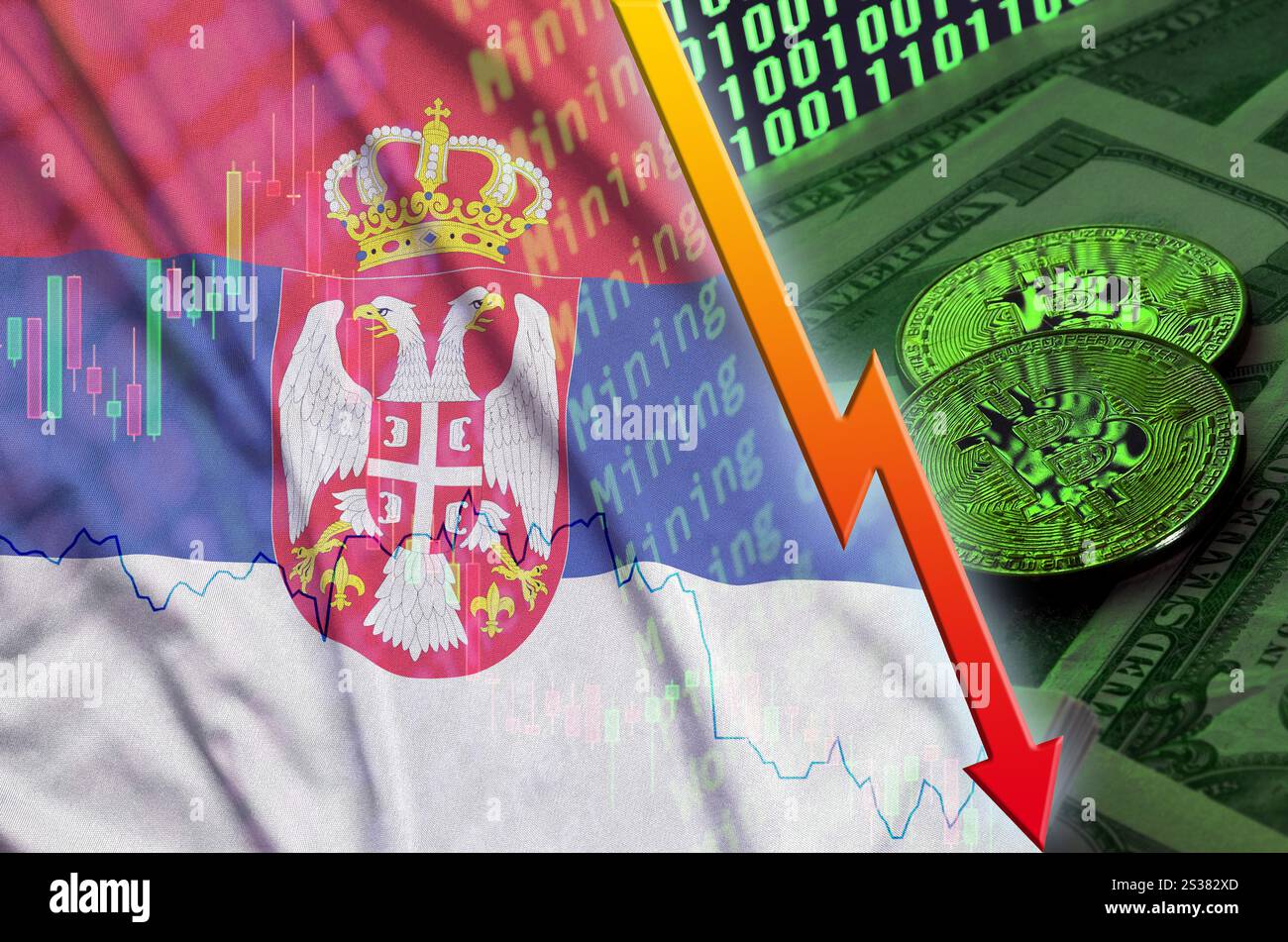 Serbia flag and cryptocurrency falling trend with many golden bitcoins.  Concept of reduction Bitcoin in price or bad conversion in cryptocurrency  mini Stock Photo - Alamy
