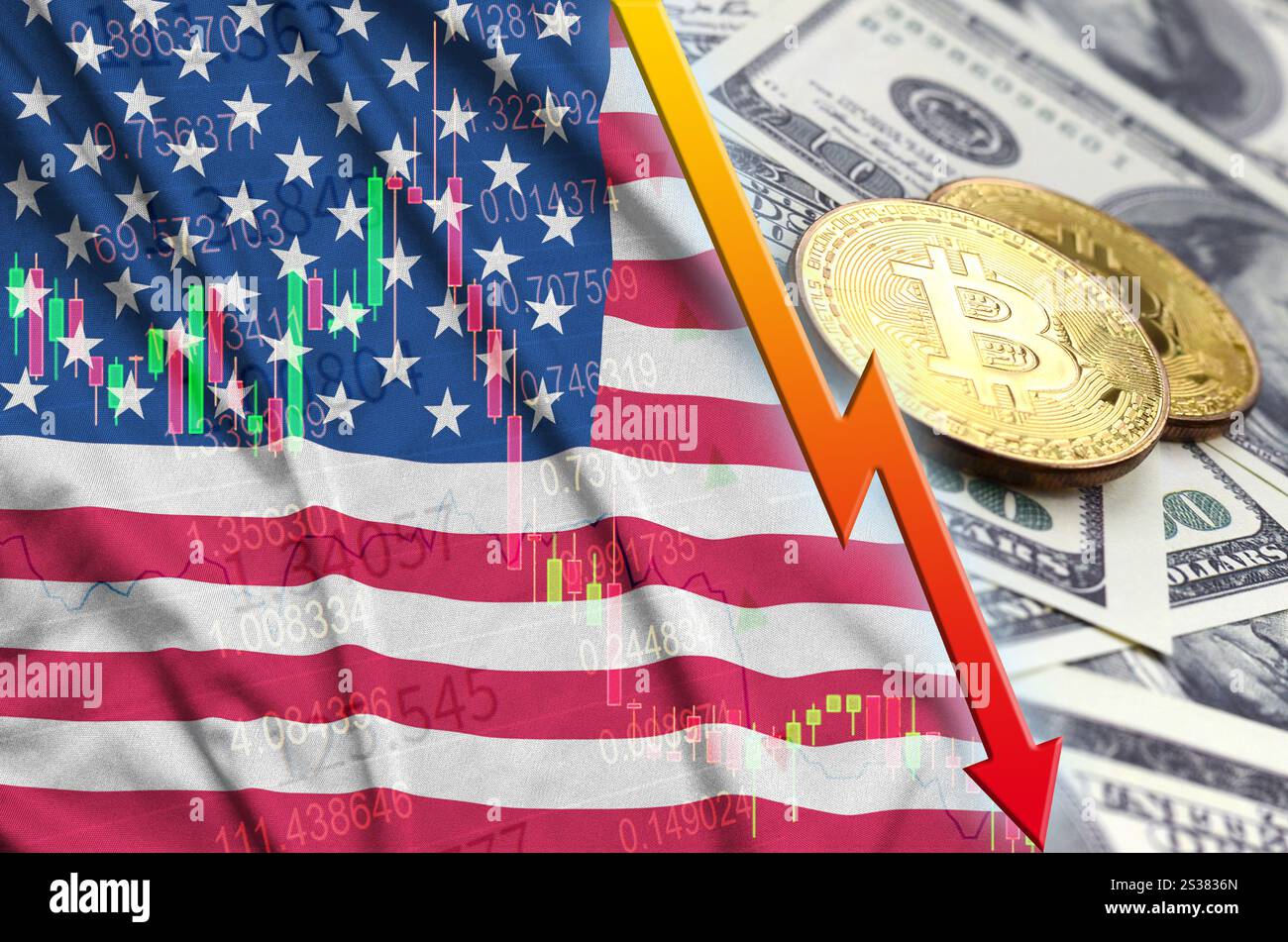 United States of America flag and cryptocurrency growing trend with many  golden bitcoins. Concept of raising Bitcoin in price or high conversion in  c Stock Photo - Alamy