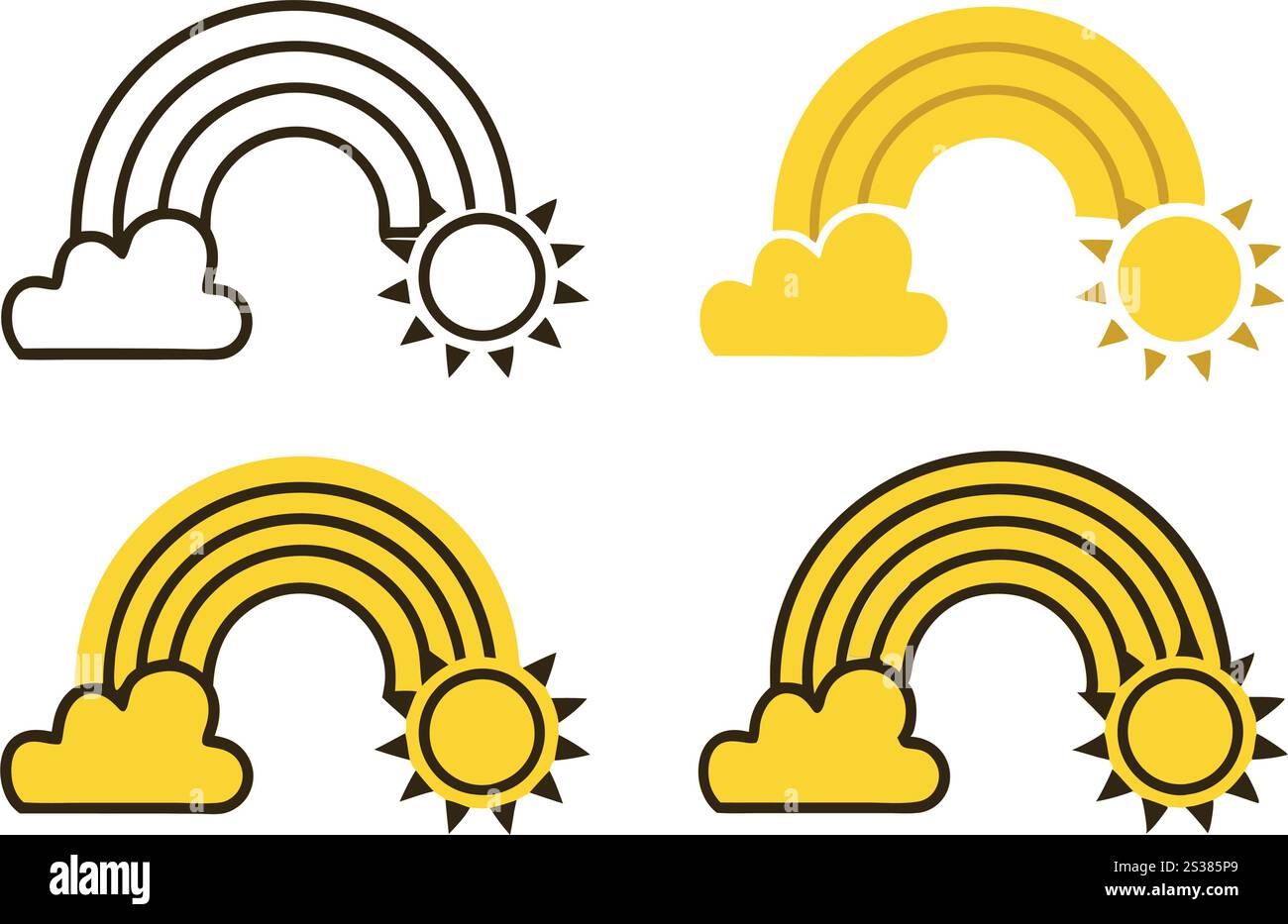 Line art icon set of rainbows, clouds, and sun showcasing elegant and ...