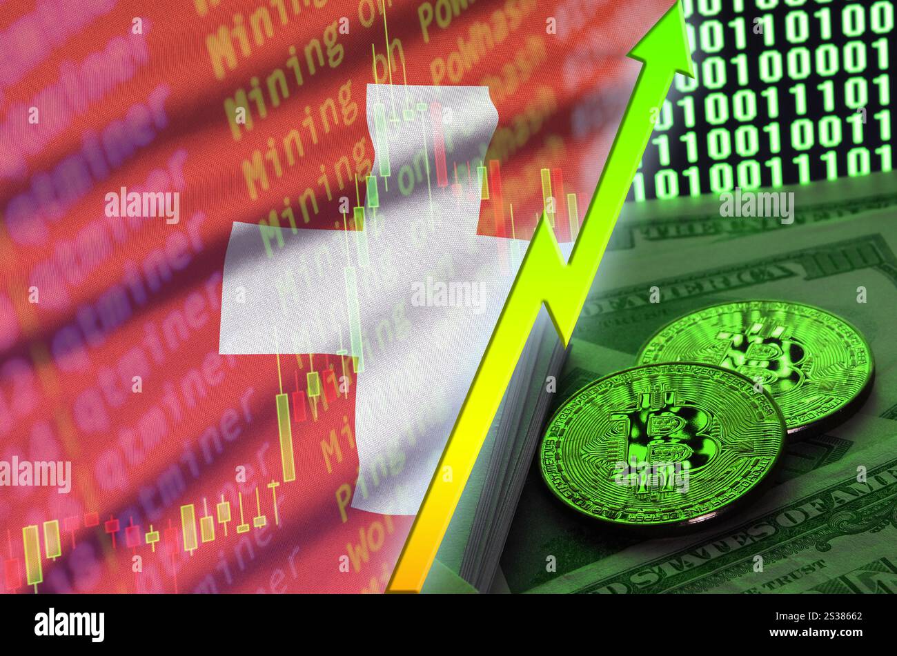 Switzerland bitcoin flag, national flag cryptocurrency concept black  background Stock Photo - Alamy