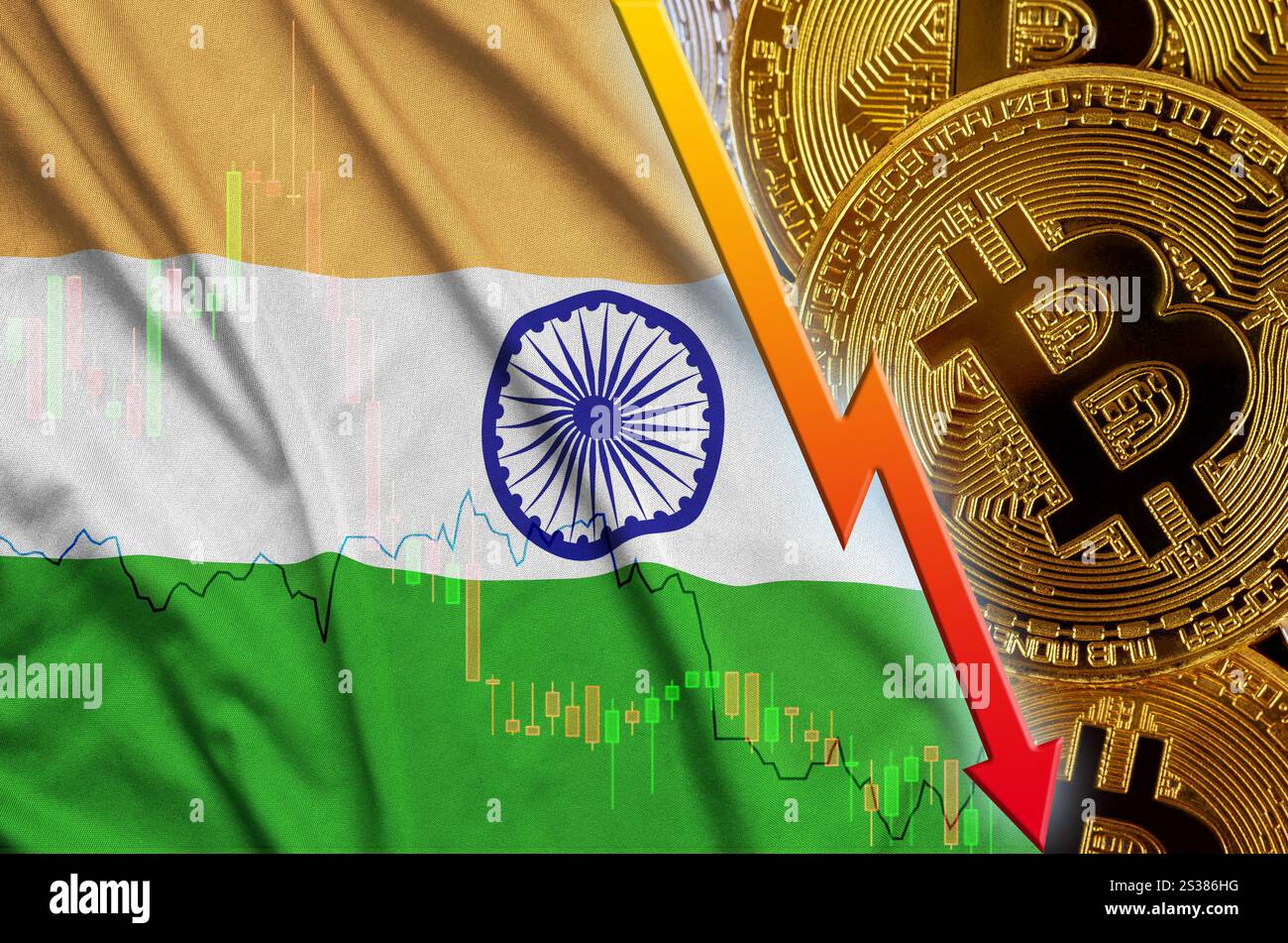 India flag and cryptocurrency falling trend with many golden bitcoins.  Concept of reduction Bitcoin in price or bad conversion in cryptocurrency  minin Stock Photo - Alamy