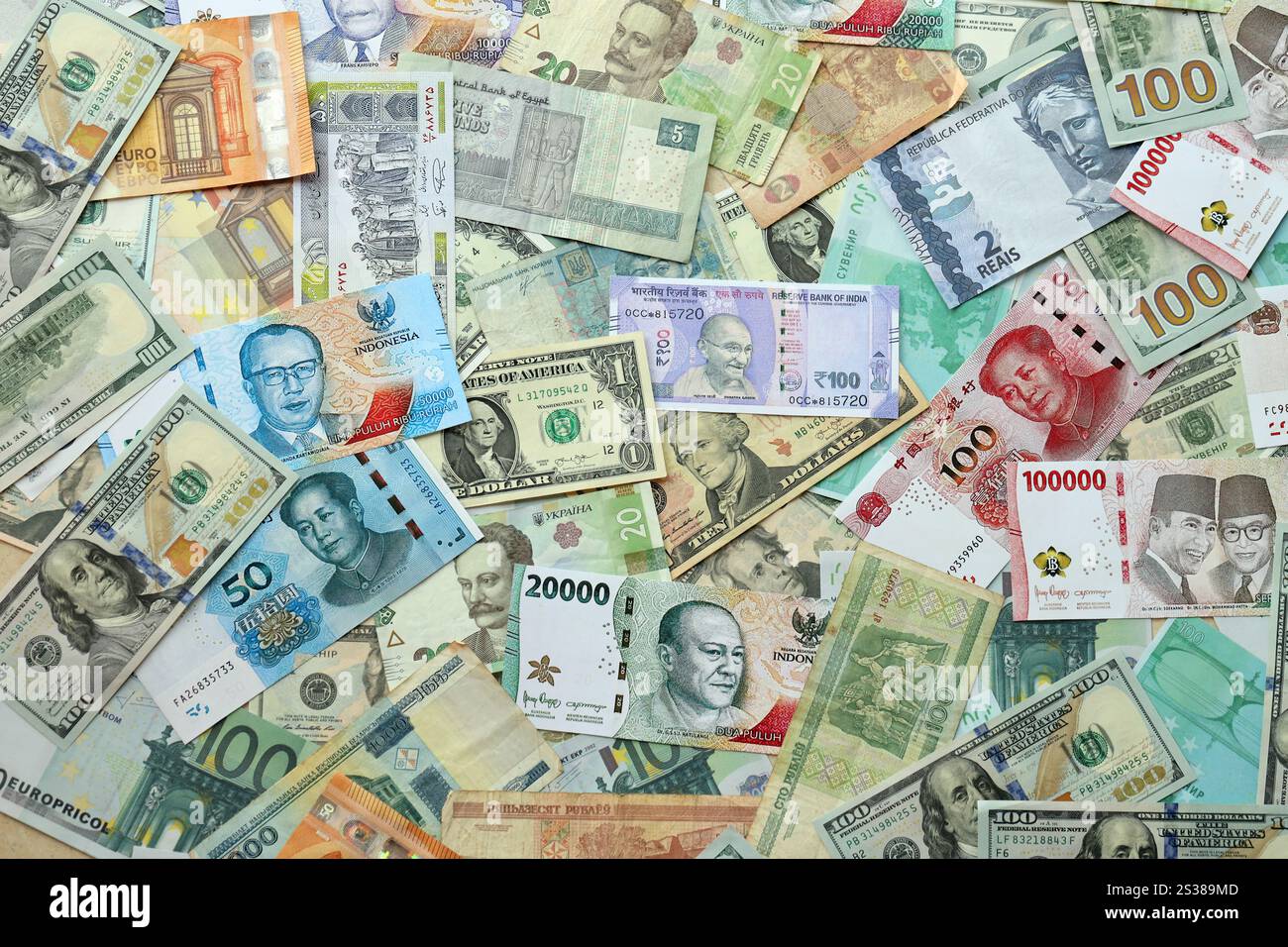 Many banknotes of different currency. Background of big amount of ...