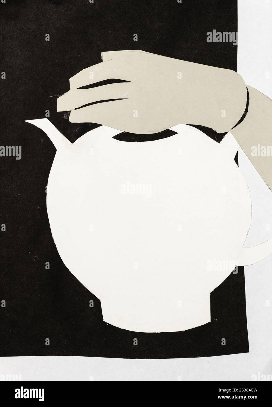 hand-cut and glued paper collage - gloved hand over teapot Stock Photo