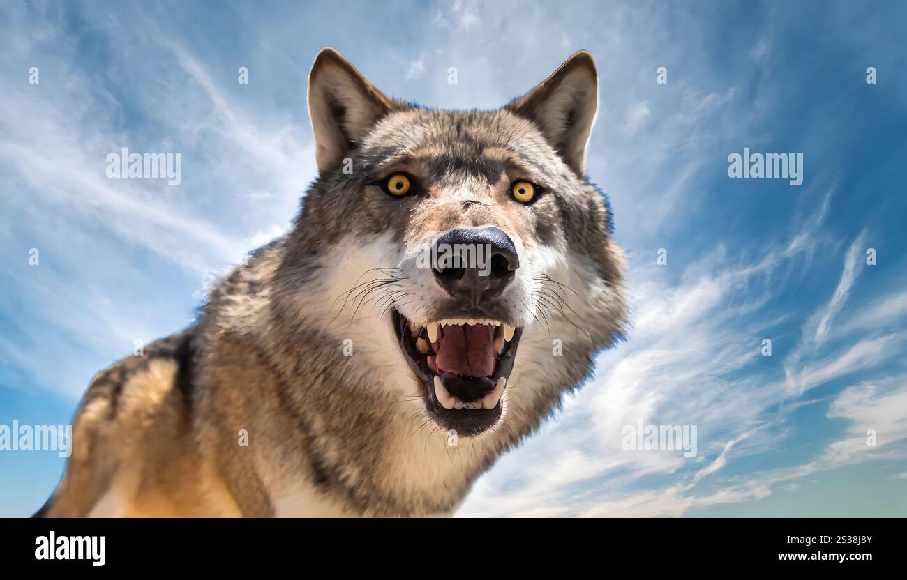 A close up shot of a wolf showing its teeth and open mouth. The wolfs intense gaze and powerful jaws are prominent in the frame, evoking a sense of st Stock Photo