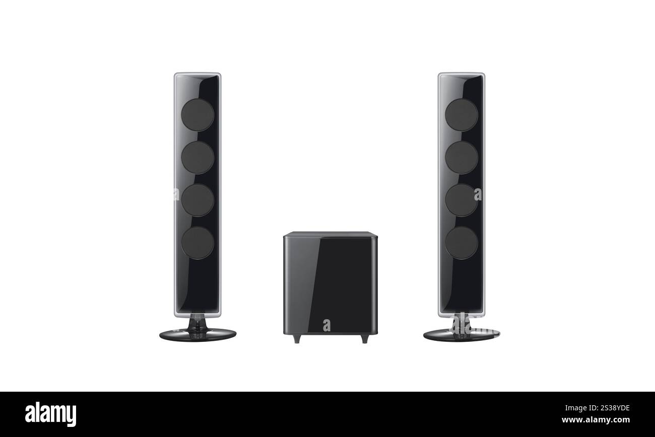 Isolated image of a sleek, contemporary black tower speaker set with a ...
