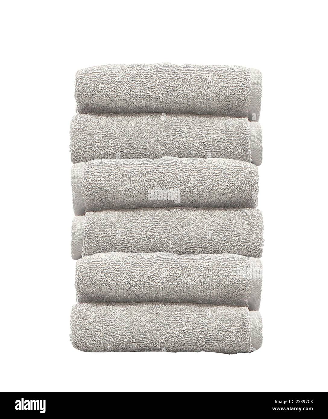 Stack of white plush hotel towels isolated on white background Stock Photo