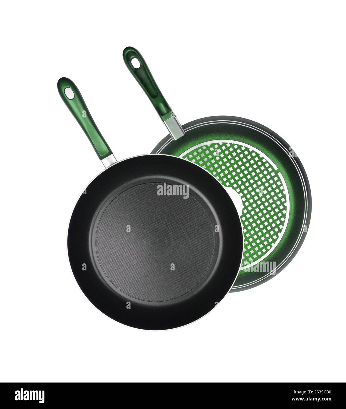black frying pans isolated on white background. black frying pans Stock Photo