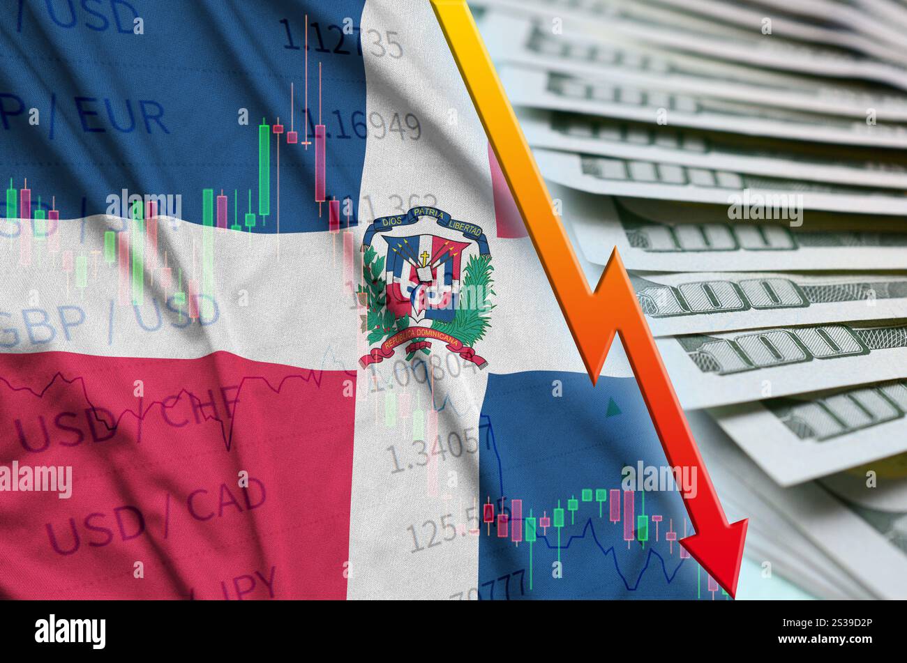 Dominican Republic flag and chart falling US dollar position with a fan