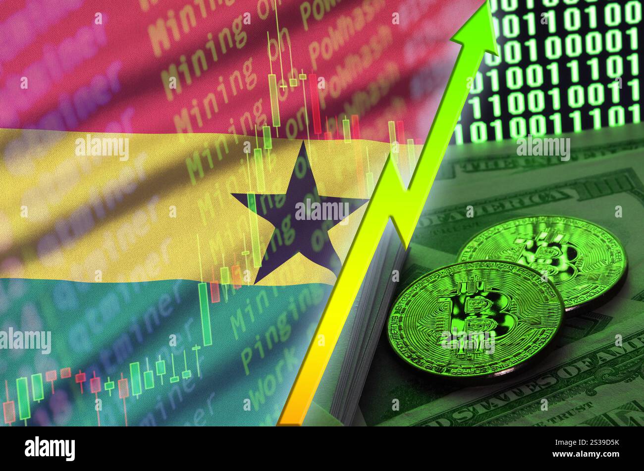 Ghana flag and cryptocurrency growing trend with two bitcoins on dollar  bills and binary code display. Concept of raising Bitcoin in price and high  co Stock Photo - Alamy
