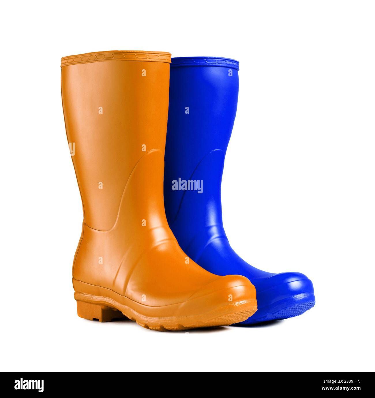 Yellow and blue rubber boots isolated on white. Yellow rubber boots ...