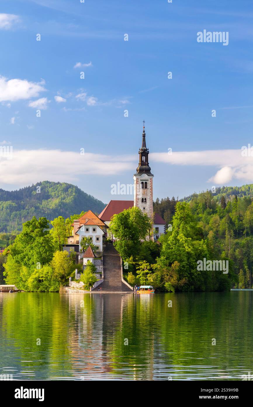 View of Bled church and island on Lake Bled. Bled, Upper Carniola, Slovenia. Stock Photo