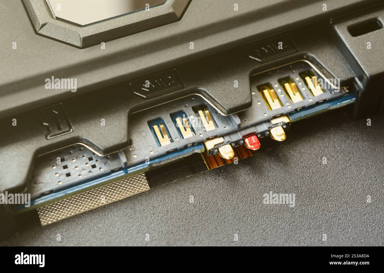 Broadband 5G mobile communication technology concept. Dual SIM card slot in modern smartphone. SIM stores international mobile subscriber identity Stock Photo
